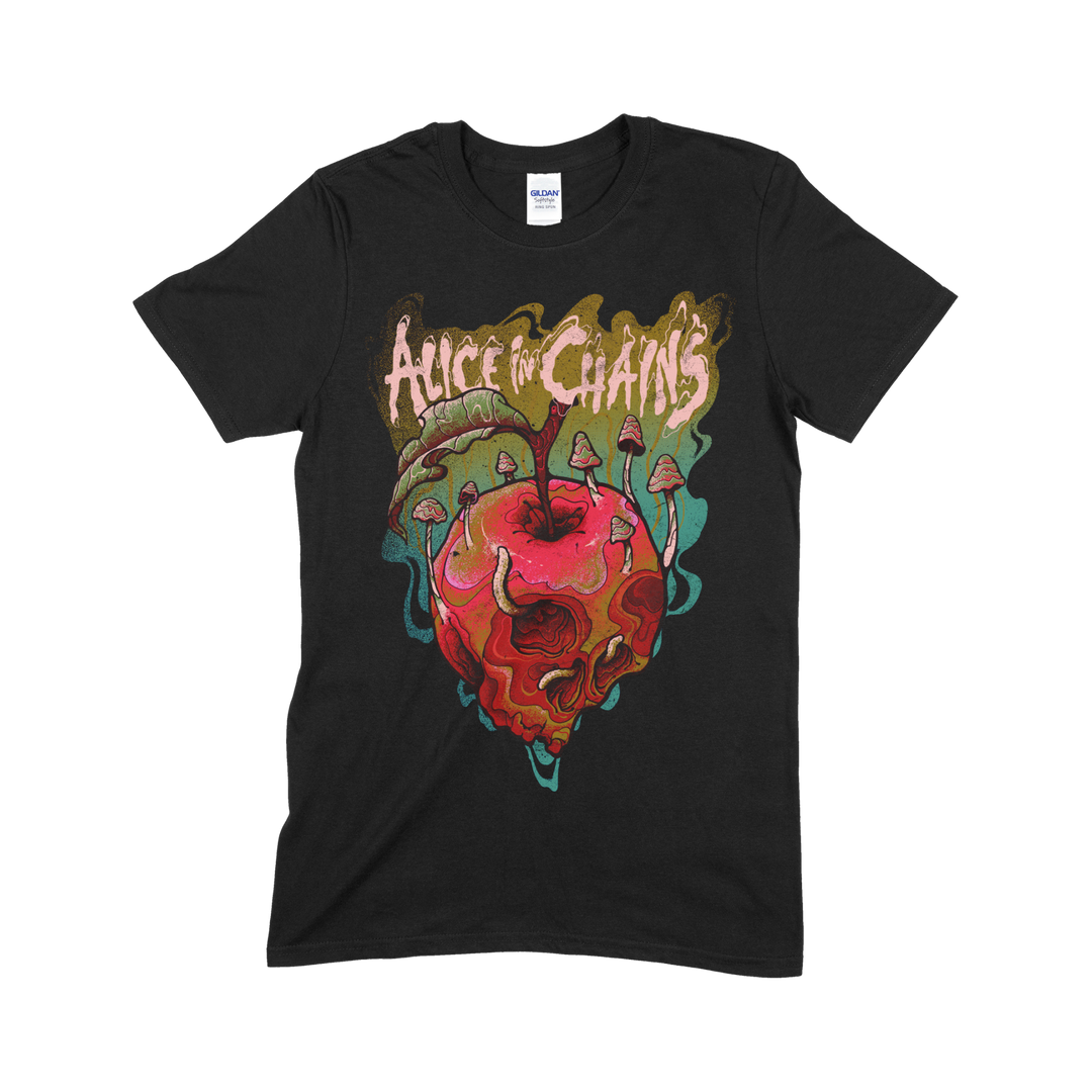 Black t-shirt featuring a psychedelic design of a red apple with mushrooms growing from it and the text ’Alice in Chains’ above.