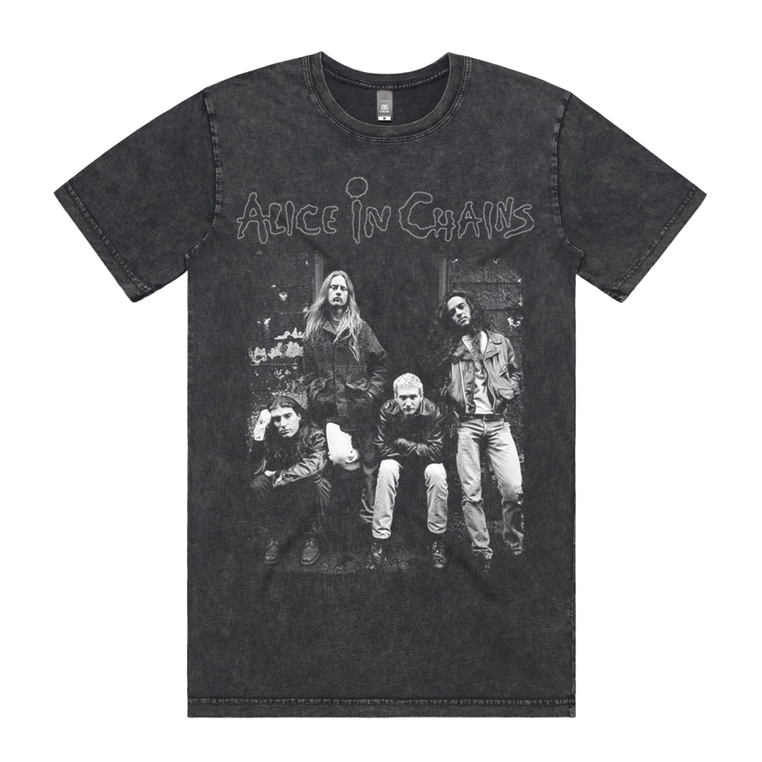 Black t-shirt featuring the band Alice in Chains with a monochrome image of the group members.