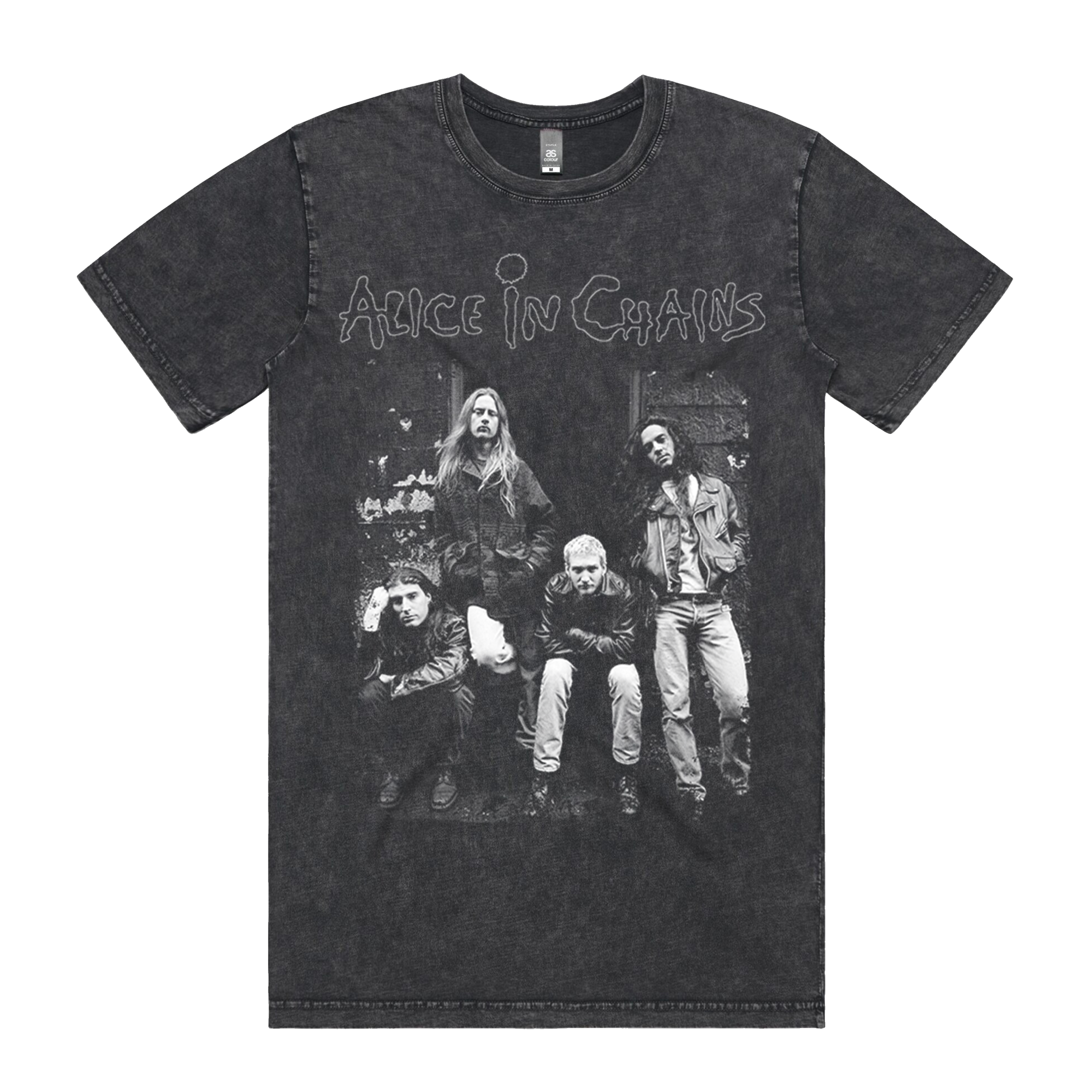 Black t-shirt featuring the band Alice in Chains with a monochrome image of the group members.