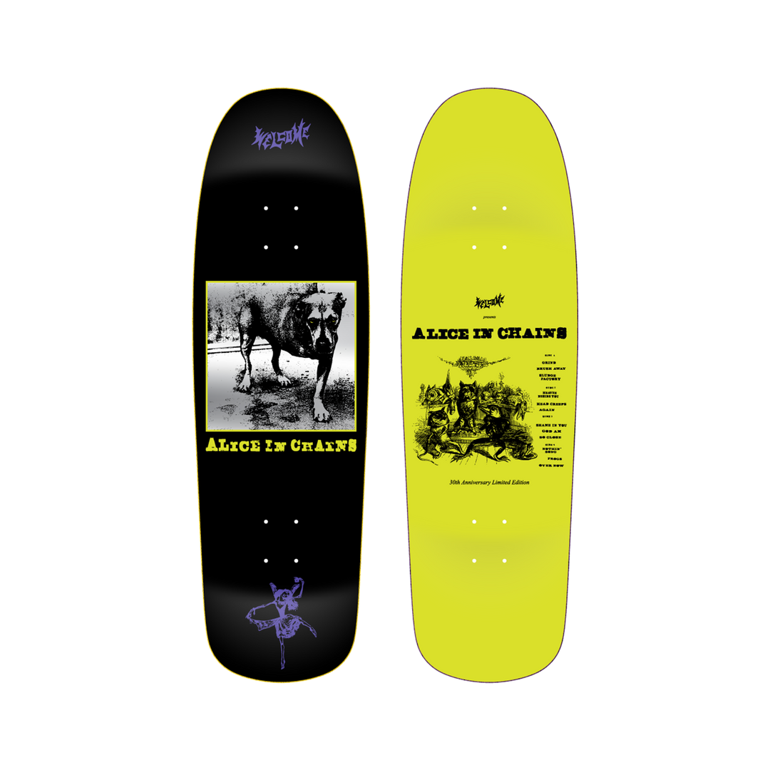 Black and neon yellow skateboard deck featuring alice in chains artwork with a dog illustration on the black side and a psychedelic design on the bright yellow underside.
