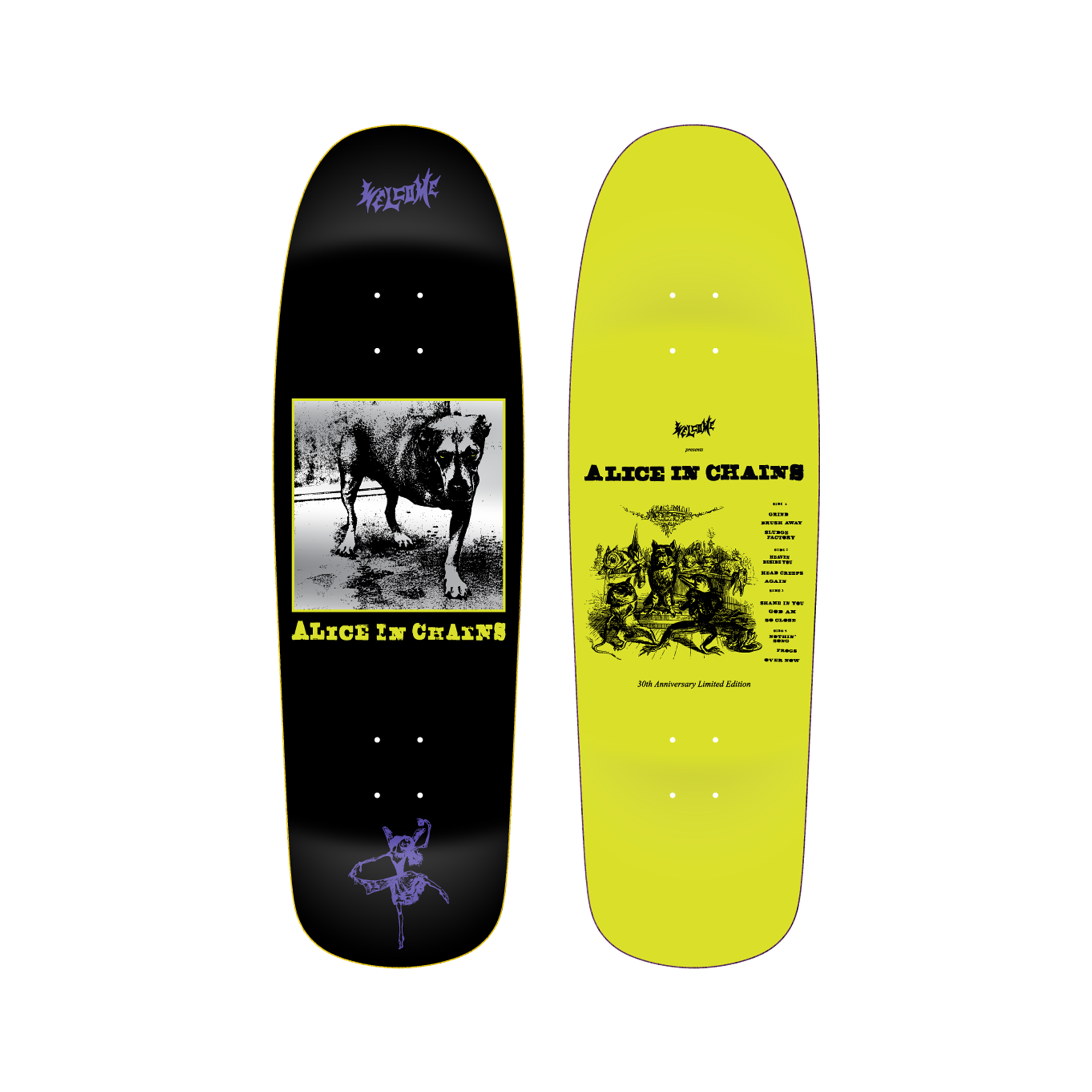 Black and neon yellow skateboard deck featuring alice in chains artwork with a dog illustration on the black side and a psychedelic design on the bright yellow underside.