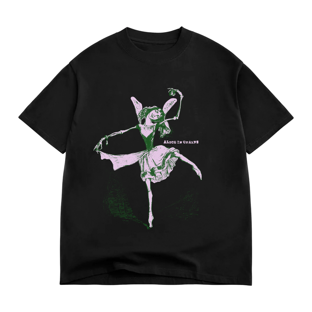 Black cotton t-shirt featuring a green and white illustration of a fairy dancer with the text ’alice in chains’ printed below.