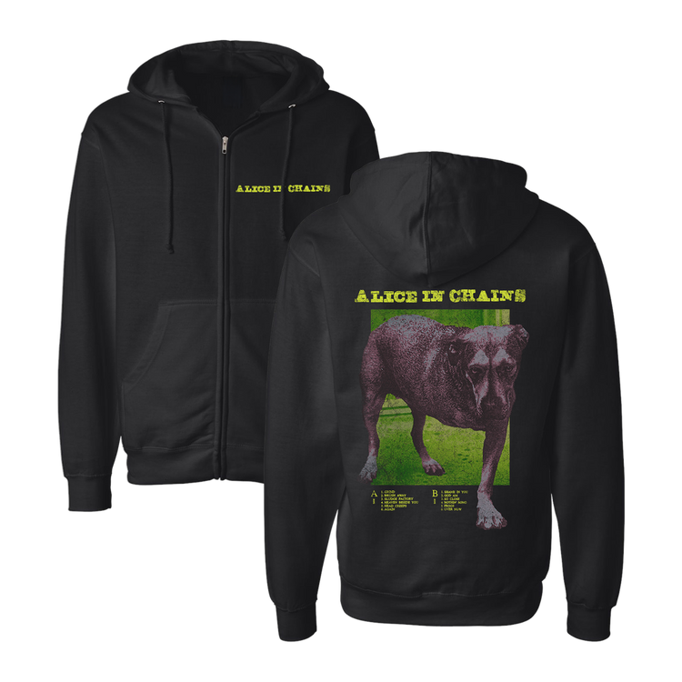 Black zip-up hoodie featuring a graphic of a dog on the back and ’alice in chains’ text printed in yellow.