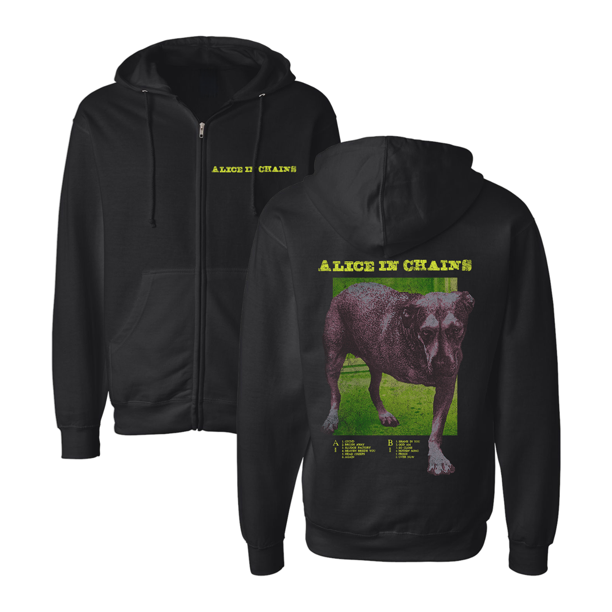 Black zip-up hoodie featuring a graphic of a dog on the back and ’alice in chains’ text printed in yellow.