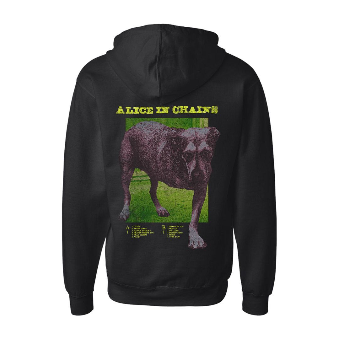 Black alice in chains hoodie featuring a graphic of a dog on the back with yellow text and track listing.