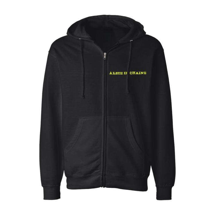 Black alice in chains zip-up hoodie with neon yellow embroidered band name across the chest.