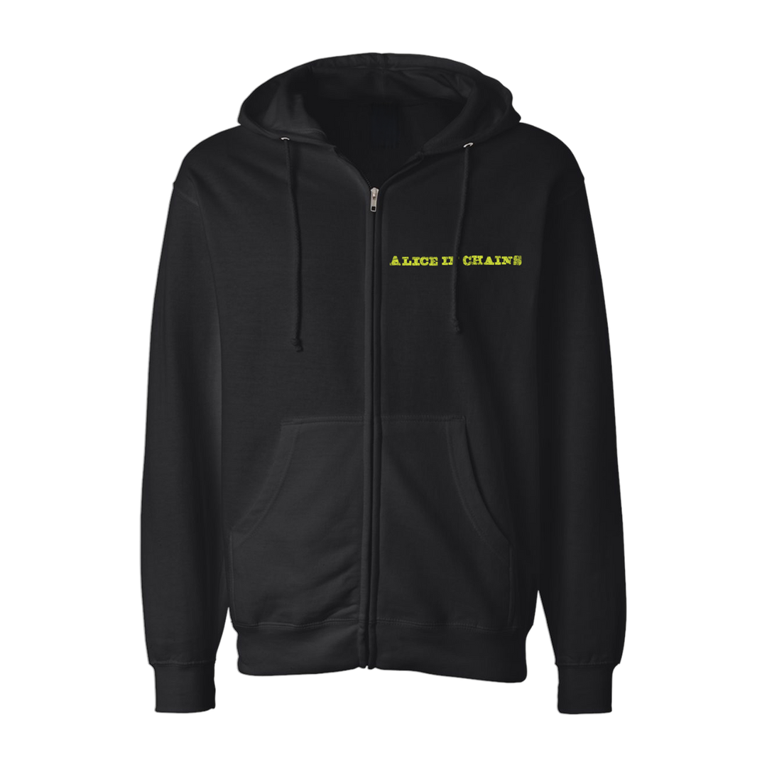Black alice in chains zip-up hoodie with neon yellow embroidered band name across the chest.