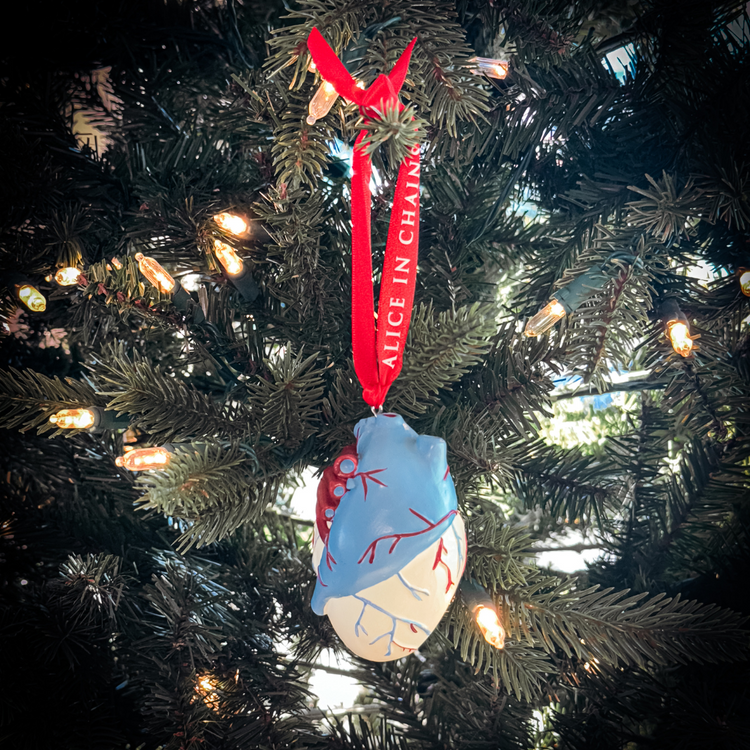 A light blue and white anatomical heart holiday ornament with red veins hanging from a red ribbon alice in chains in a holiday ornament box set