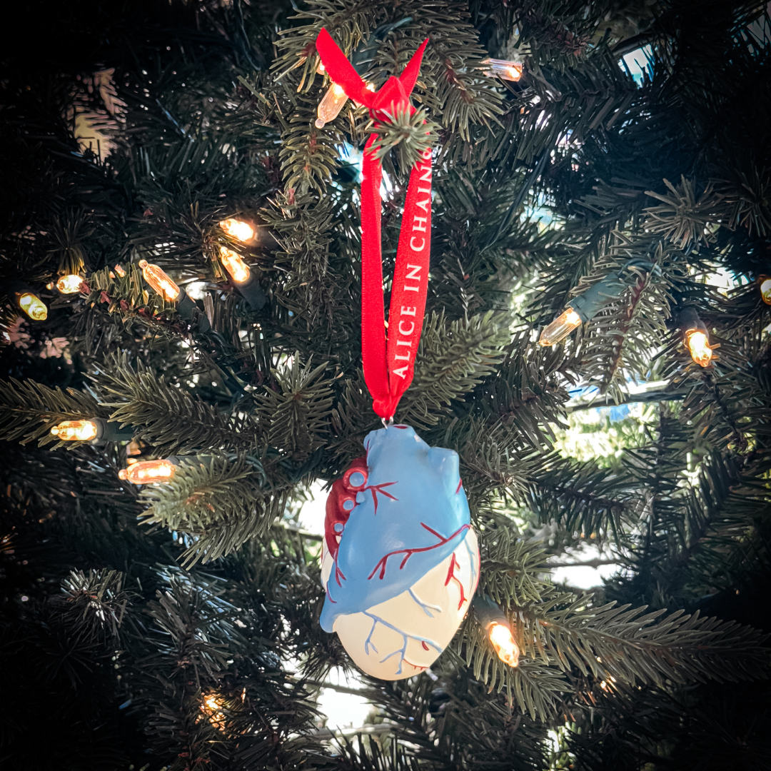 A light blue and white anatomical heart holiday ornament with red veins hanging from a red ribbon alice in chains in a holiday ornament box set
