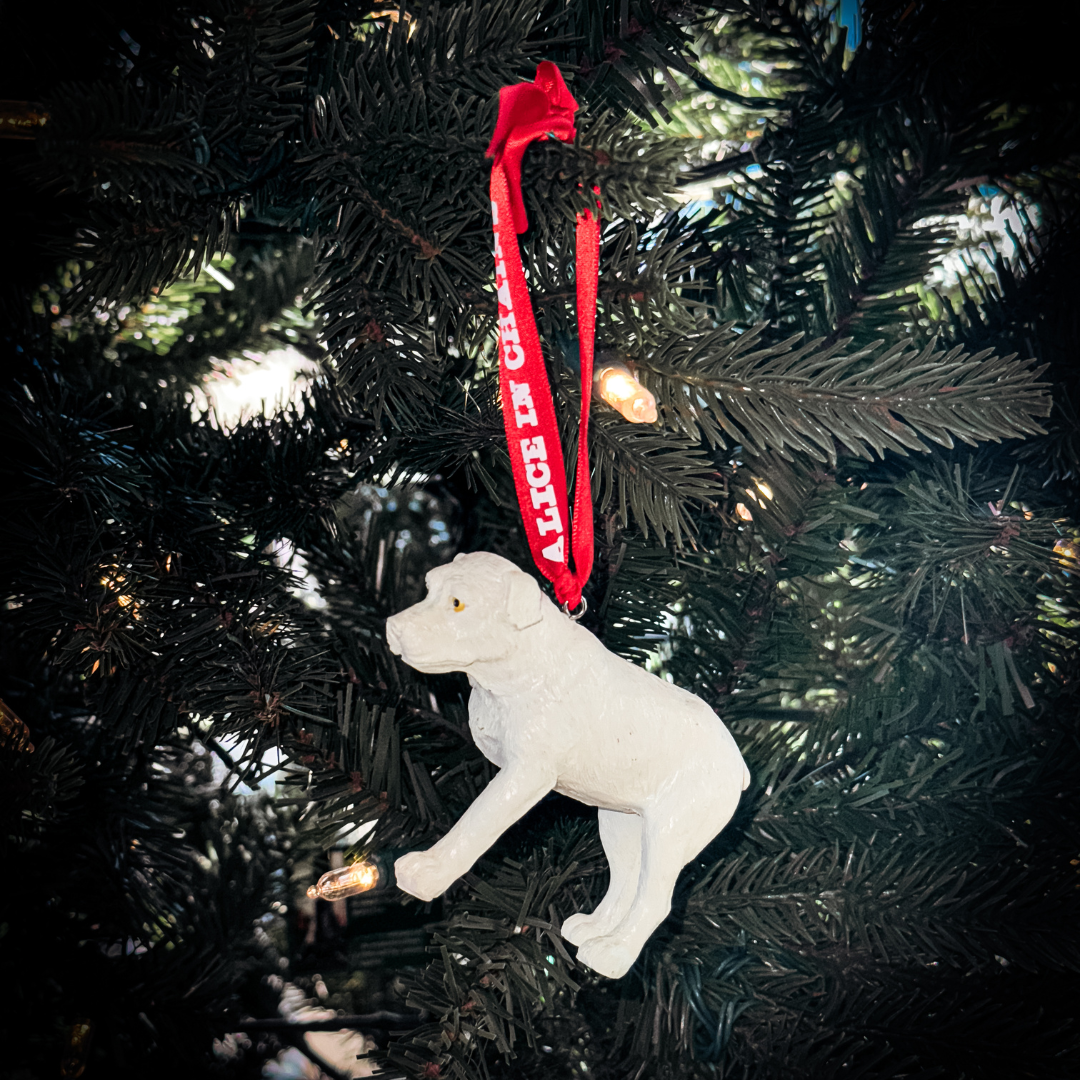 White ceramic dog holiday ornament with red ribbon hanger in a holiday ornament box set for festive decoration
