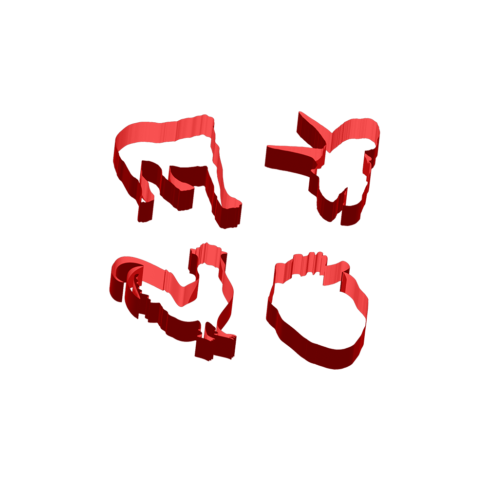 Set of red cookie cutters shaped like farm animals.