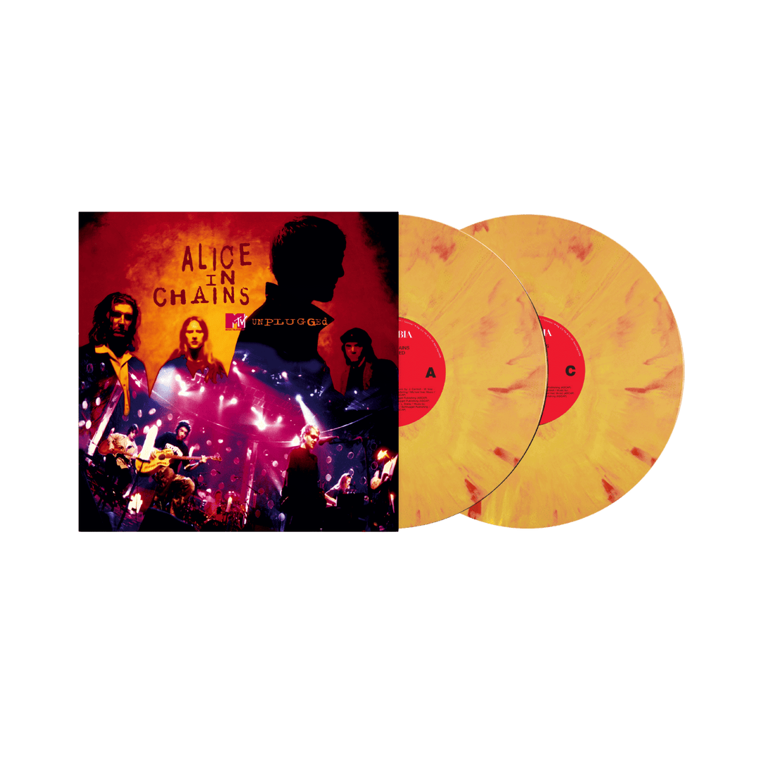 Alice in Chains mtv unplugged vinyl double set featuring translucent yellow and red marbled discs with dedicated shipping fees