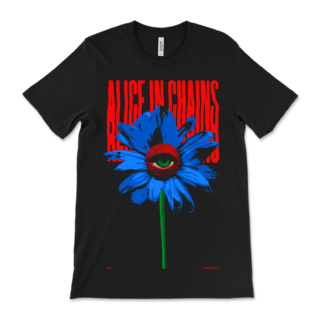Black t-shirt featuring a blue flower with an eye in the center and red ’Alice in Chains’ text above it.
