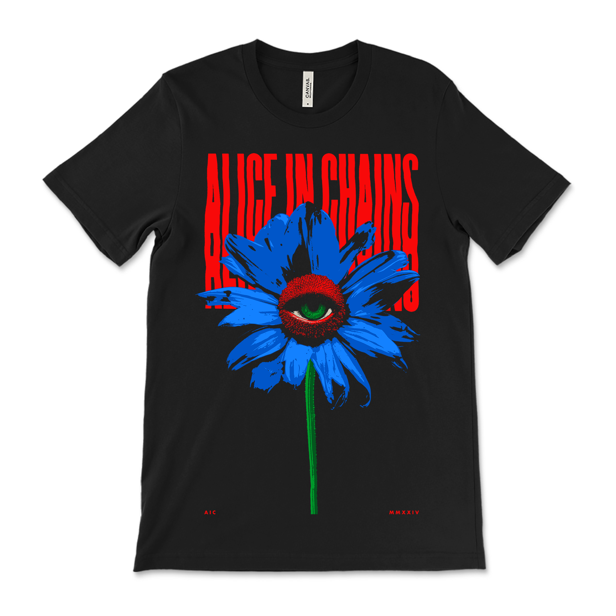 Black t-shirt featuring a blue flower with an eye in the center and red ’Alice in Chains’ text above it.