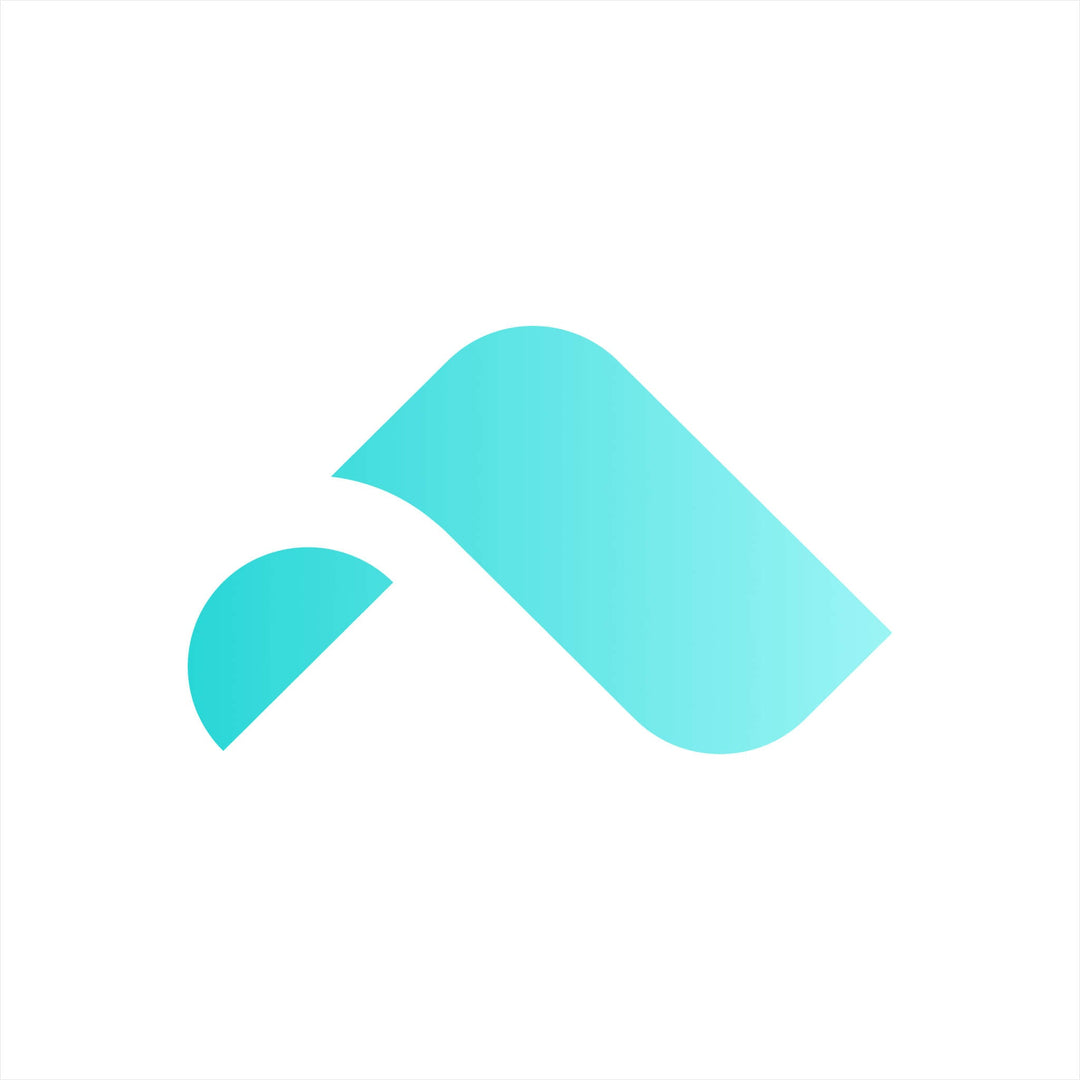 A sleek, gradient teal logo featuring a stylized abstract shape with smooth curves and soft edges.