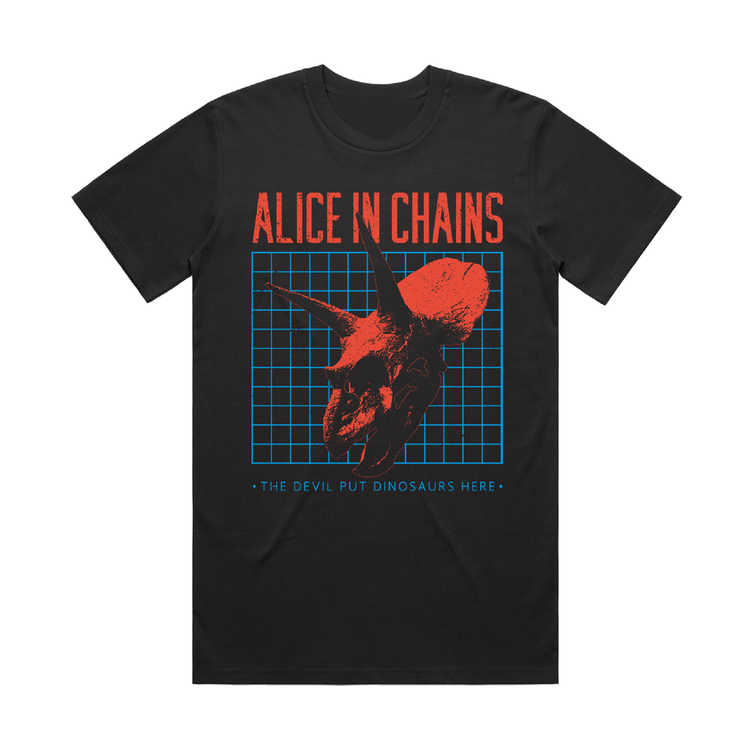 Black t-shirt featuring an Alice in Chains band design with a red dinosaur skull and blue grid background.