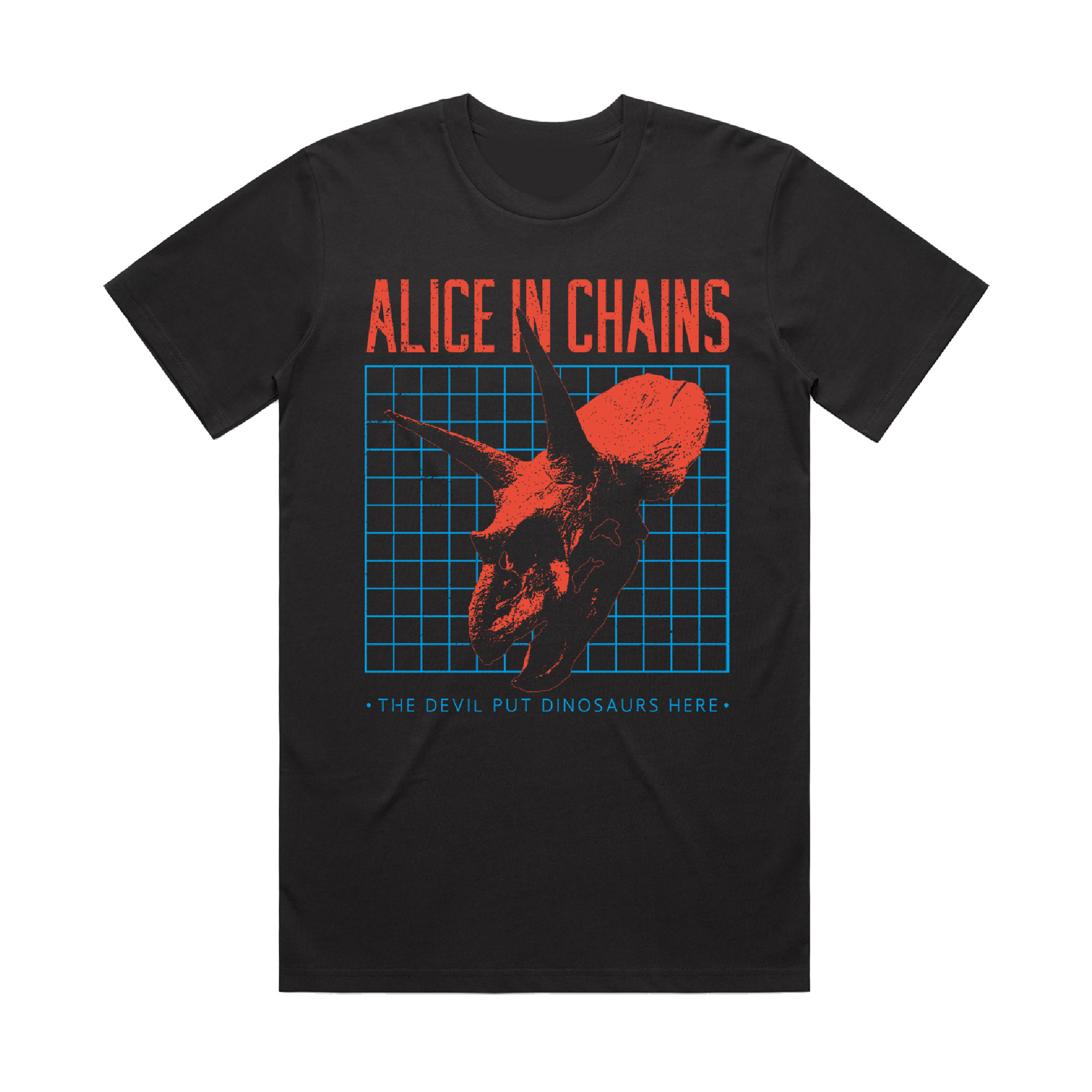 Black t-shirt featuring an Alice in Chains band design with a red dinosaur skull and blue grid background.