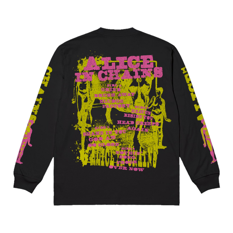 Black long-sleeve shirt featuring a vibrant pink and neon yellow graphic of the band alice in chains with their album titles printed across it.
