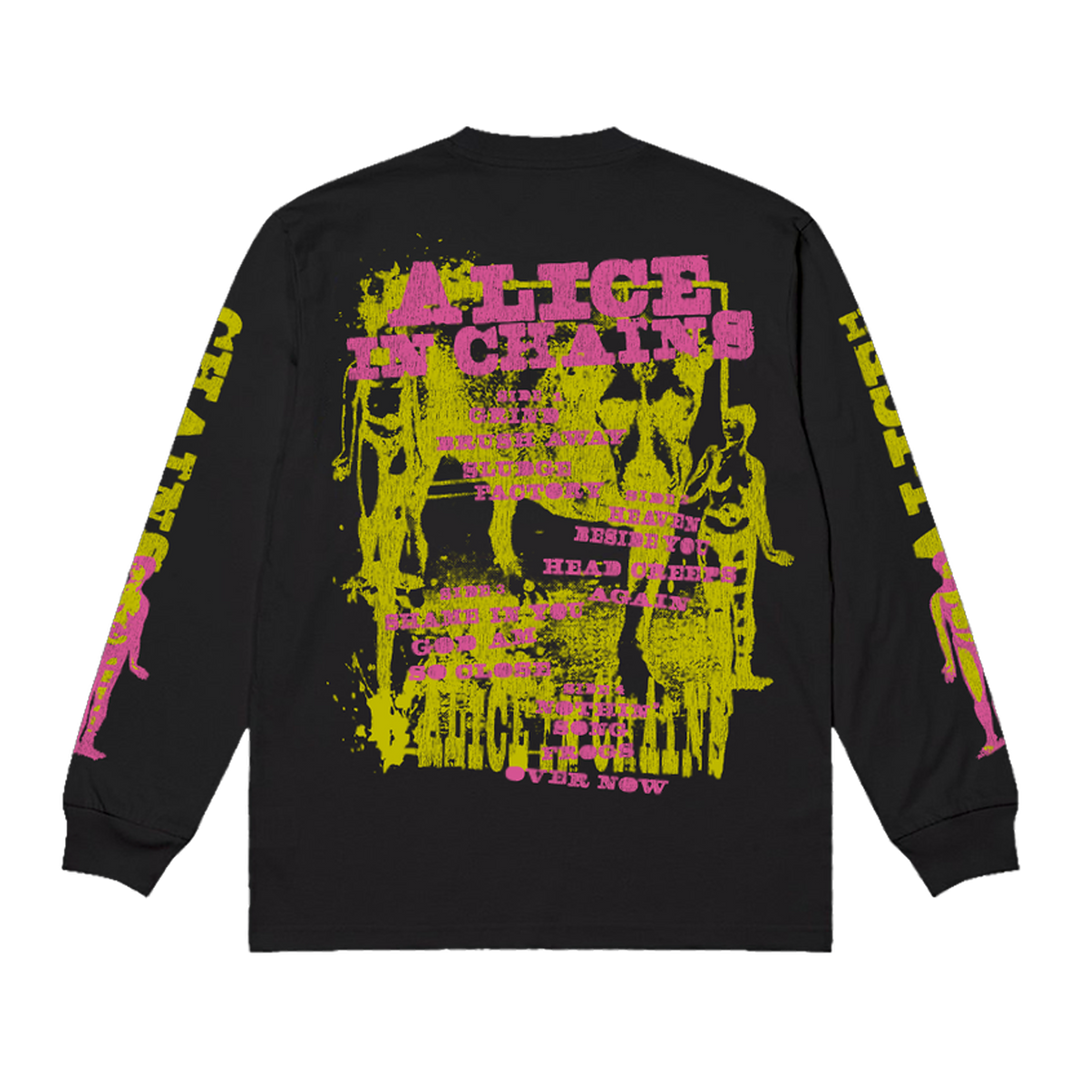 Black long-sleeve shirt featuring a vibrant pink and neon yellow graphic of the band alice in chains with their album titles printed across it.