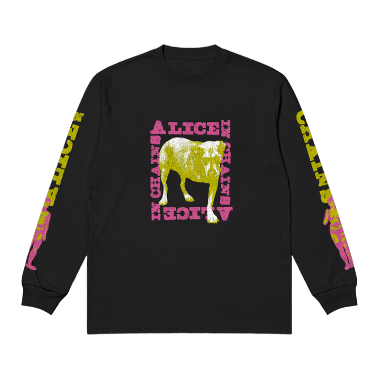 Black long-sleeve t-shirt featuring a neon yellow and pink graphic of a dog with the text ’alice in chains’ in matching colors.