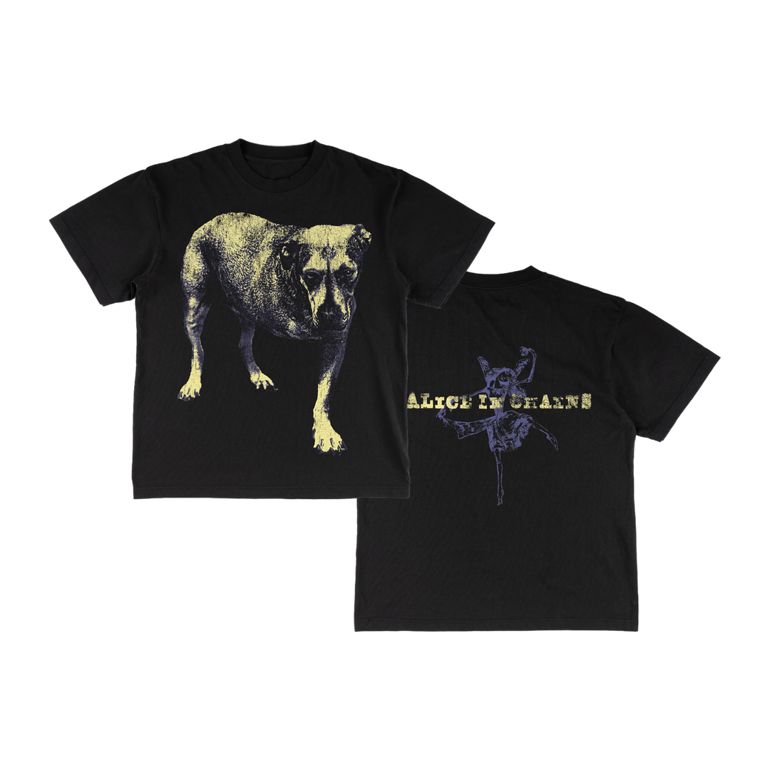 Black alice in chains t-shirt featuring a distressed yellow and black graphic of a dog on the front and a stylized silhouette with band name printed on the back.