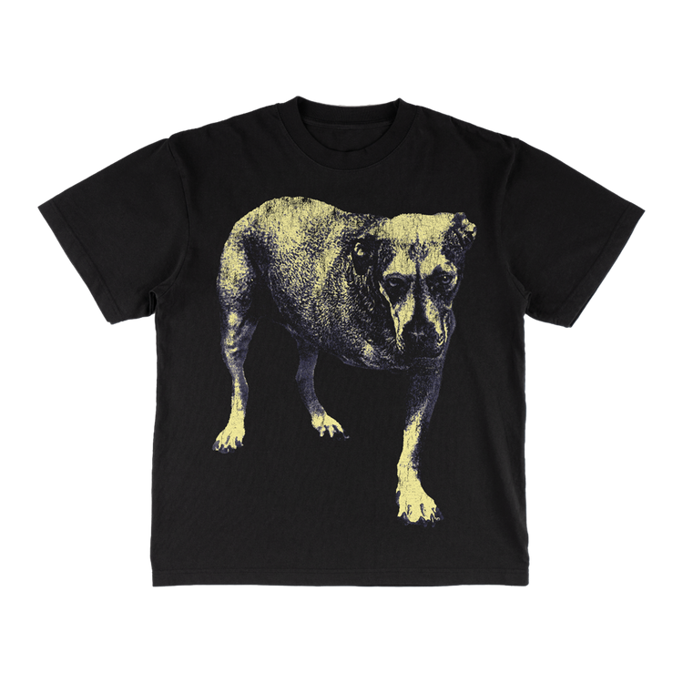 Black short-sleeved t-shirt featuring a stylized, yellow-toned graphic of a dog with textured details.