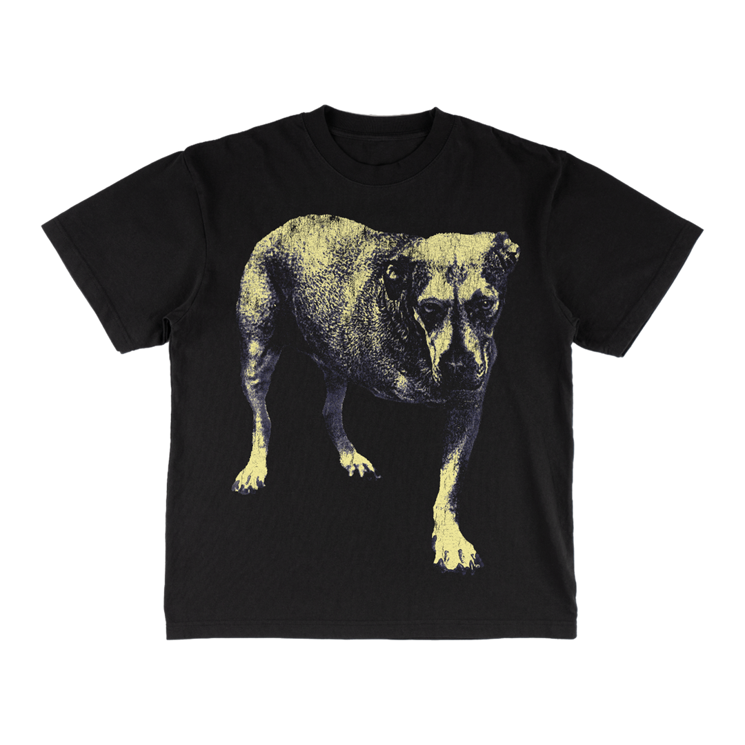 Black short-sleeved t-shirt featuring a stylized, yellow-toned graphic of a dog with textured details.