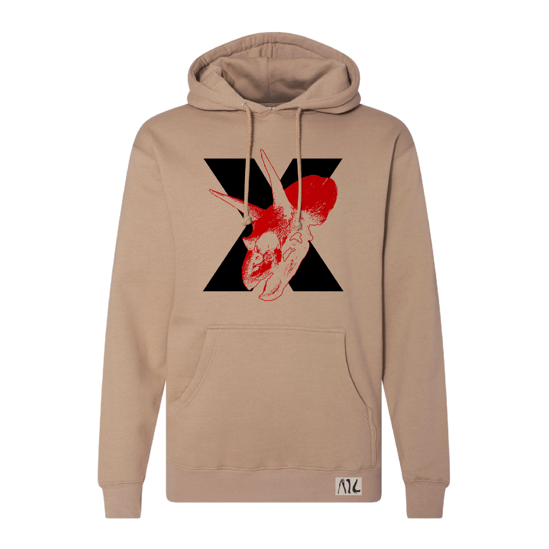 Beige hoodie with a black X and red animal skull graphic on the front.
