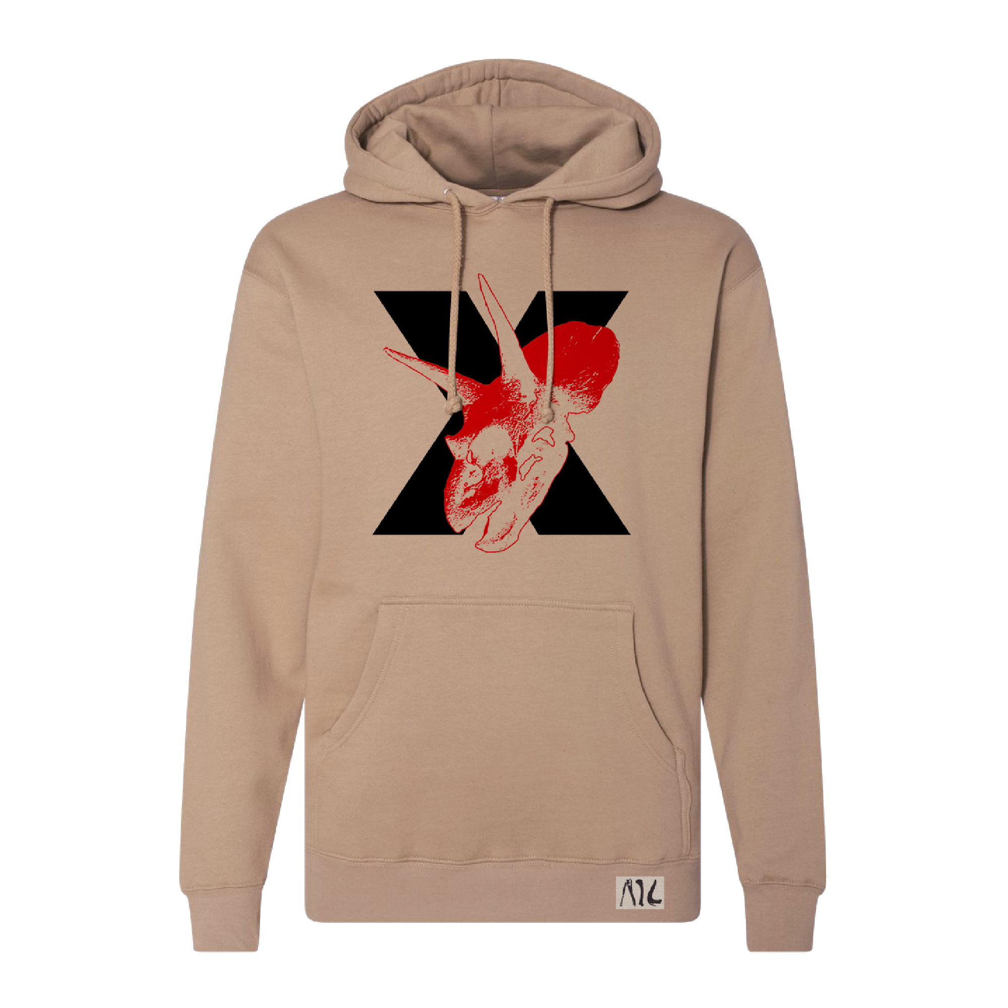 Beige hoodie with a black X and red animal skull graphic on the front.